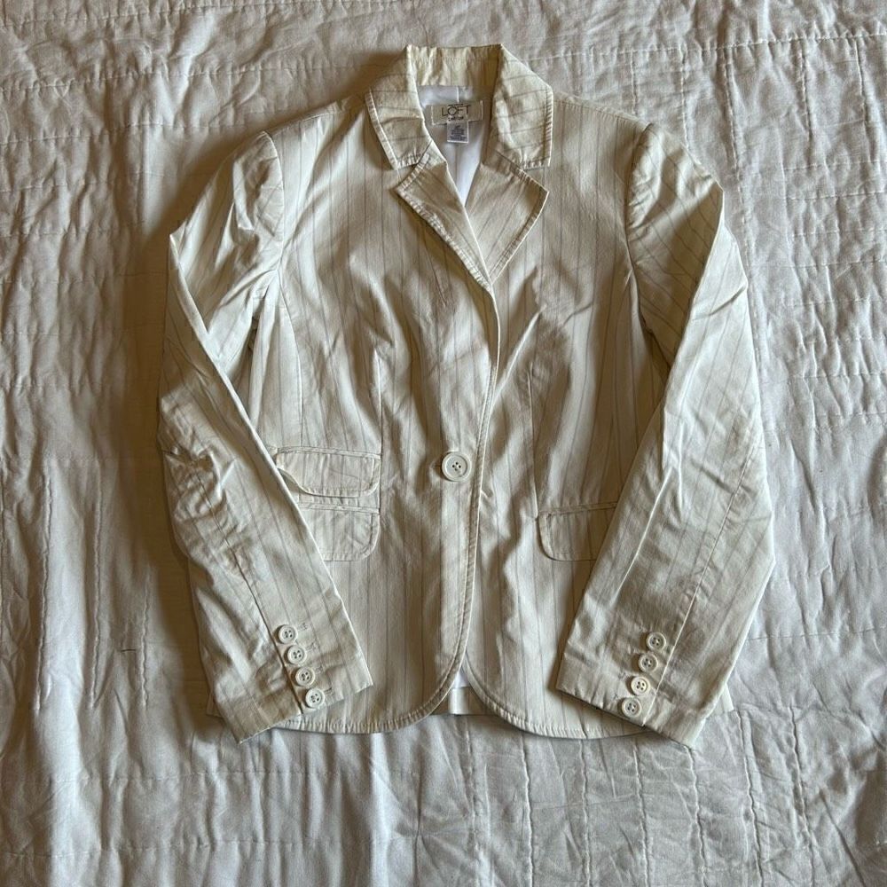 Ann Taylor LOFT 0petite off white pinstriped shirt cotton blend jacket vintage